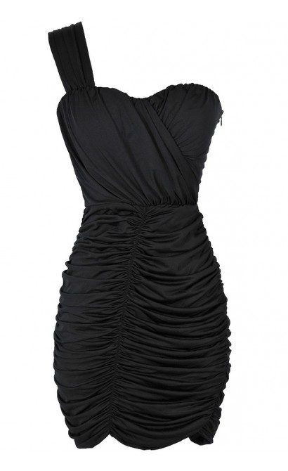Black One Shoulder Ruched Designer Bodycon Dress